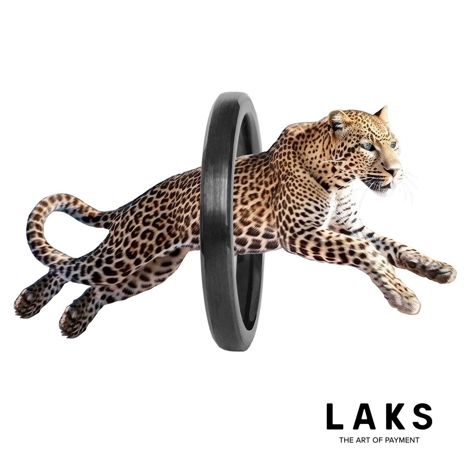 Leopard springt durch dunkelbraunen Bezahlring , Schriftzug laks unten rechts