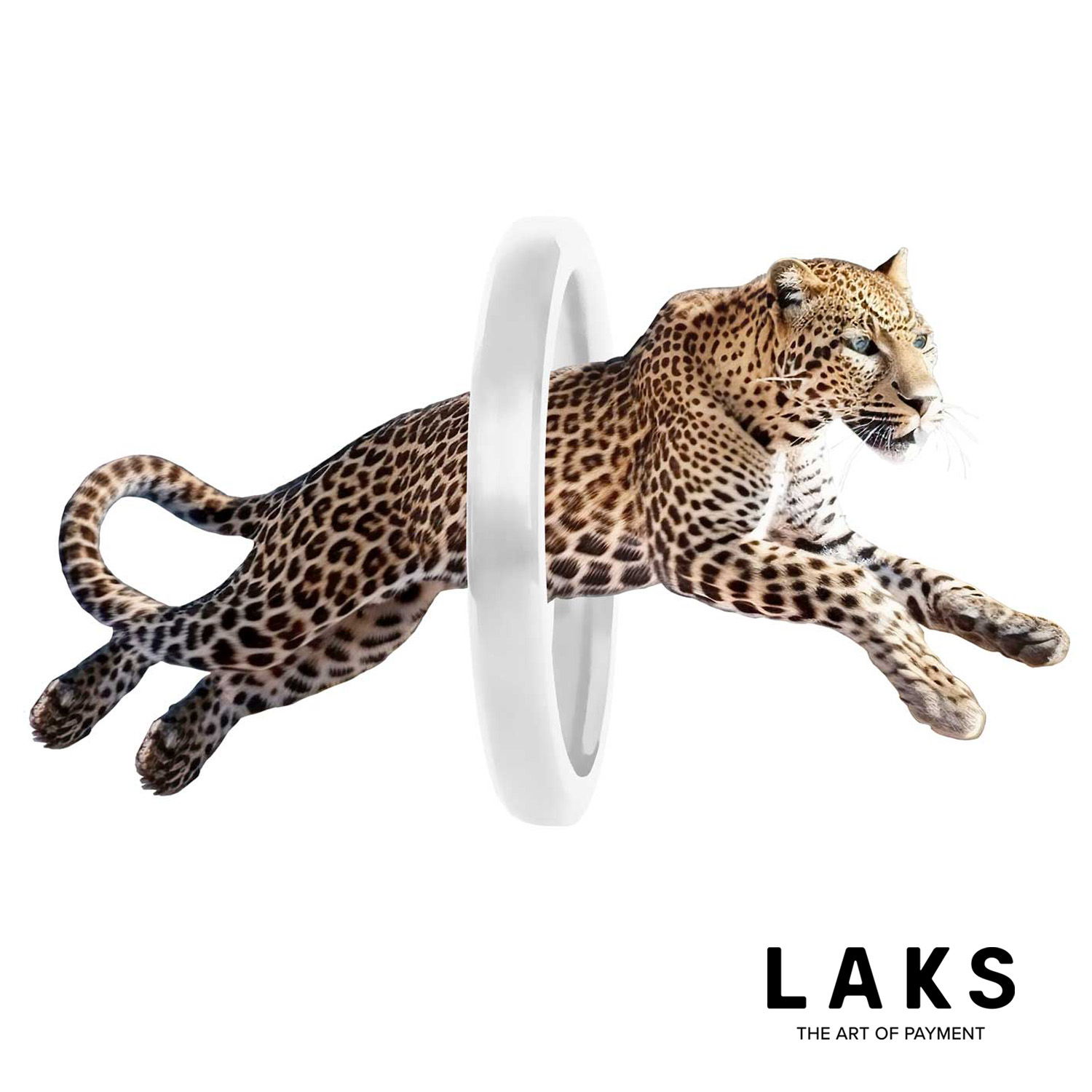 Leopard springt durch weißen Bezahlring , Schriftzug laks unten rechts