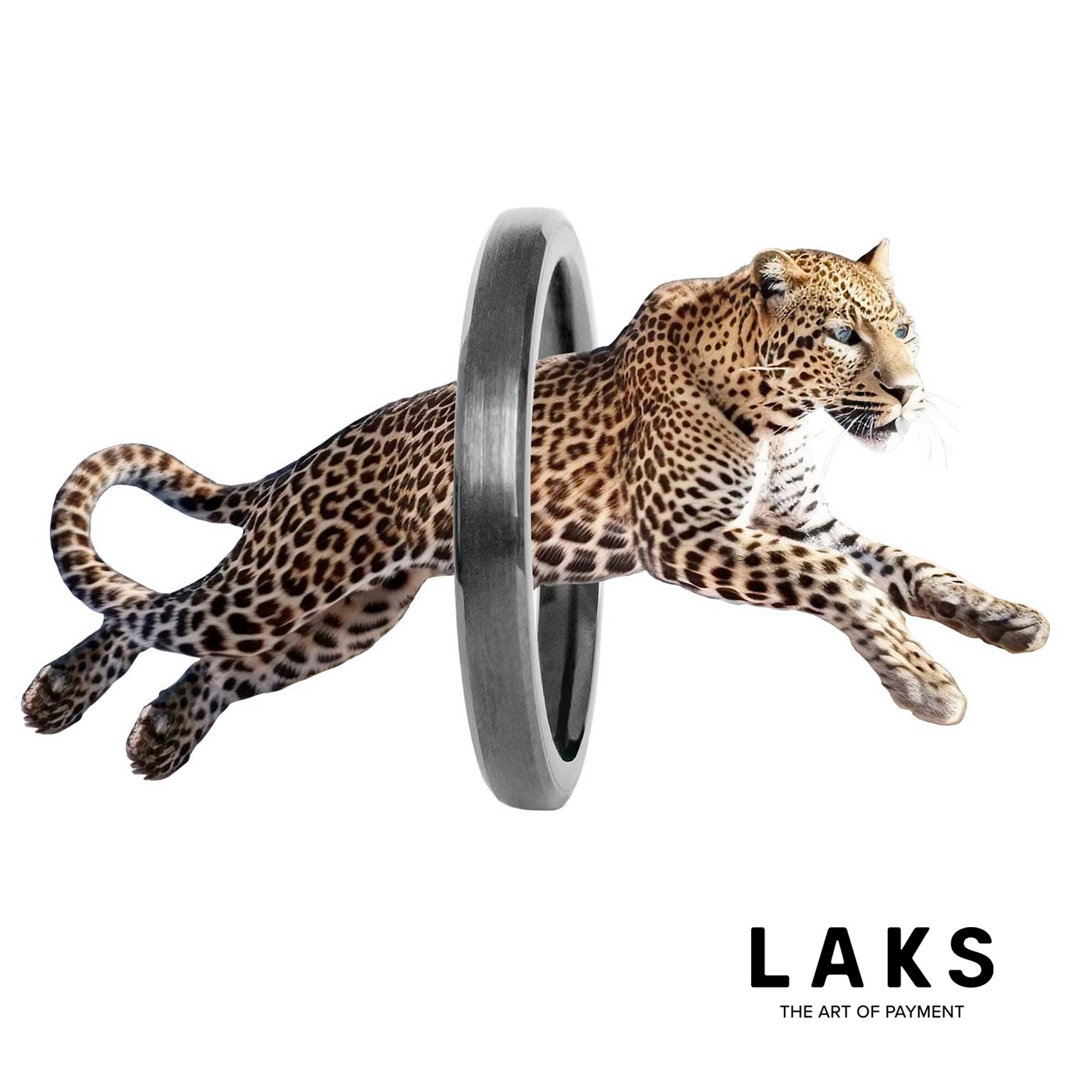 Leopard springt durch grauen Bezahlring , Schriftzug laks unten rechts