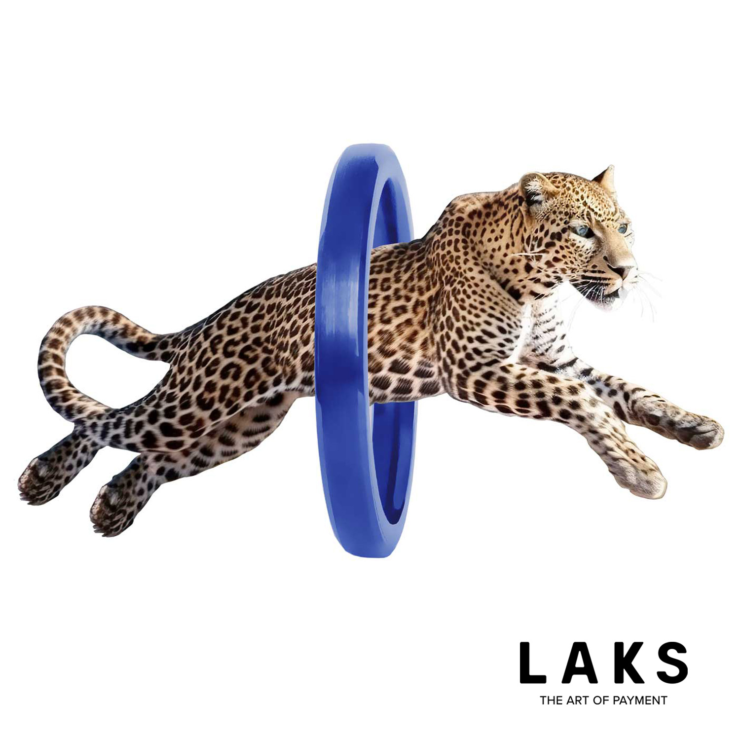 Leopard springt durch blauen Bezahlring , Schriftzug laks unten rechts