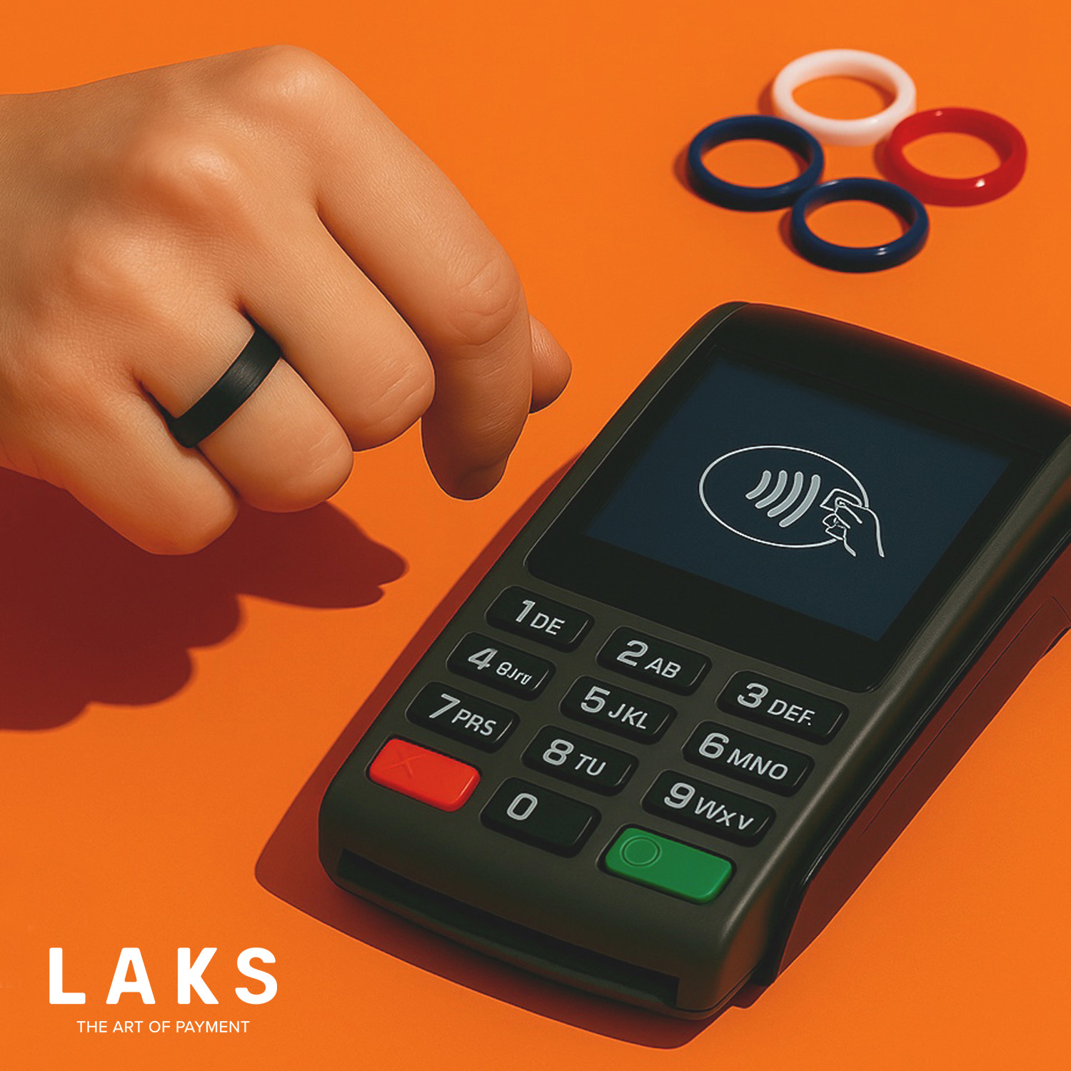 Hand mit Bezahlring und Lesegerät, 4 weiteren Bezahlringe oben rechts auf orangem Hintergrund und dem Schriftzug LAKS unten links