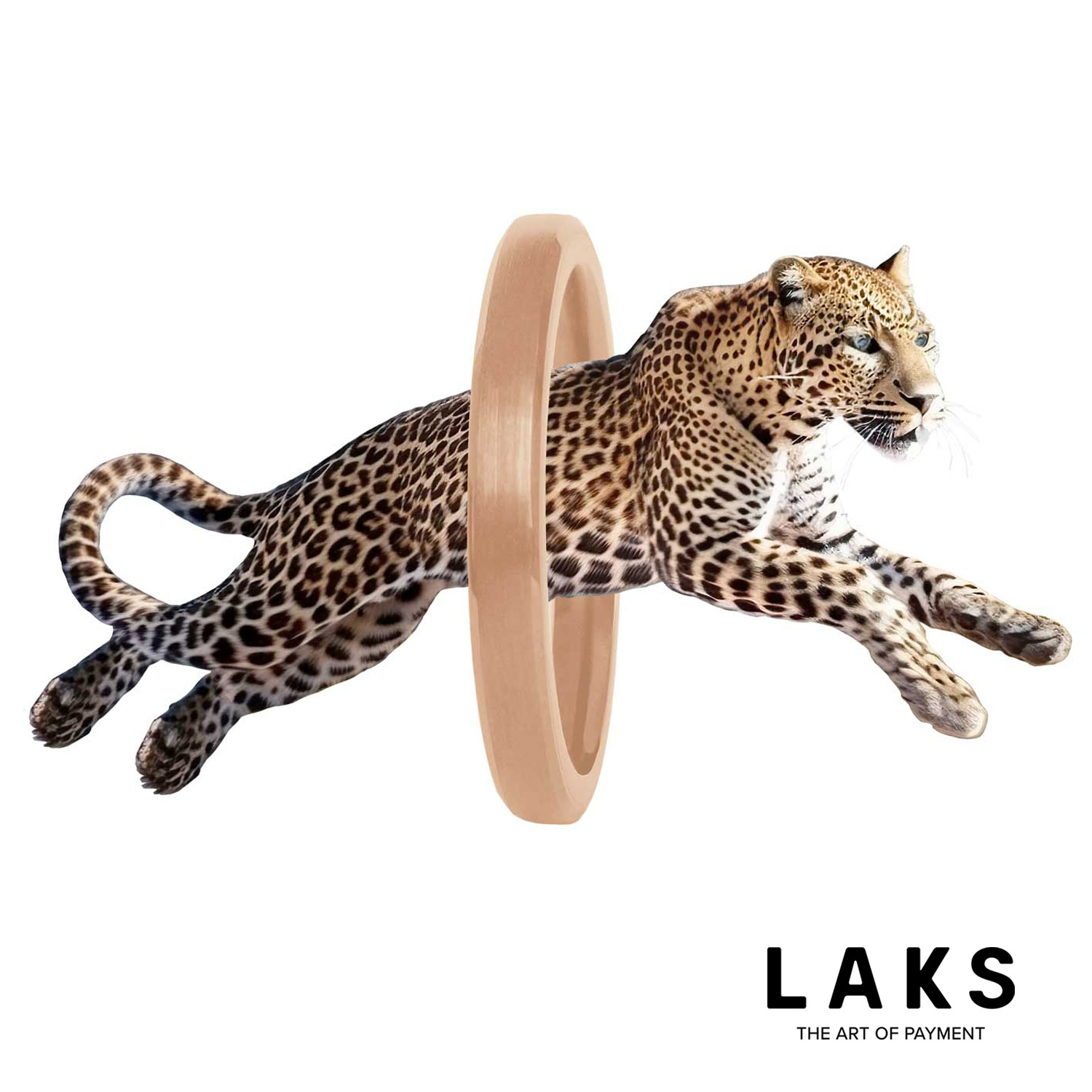 Leopard springt durch hellbraunen Bezahlring , Schriftzug laks unten rechts